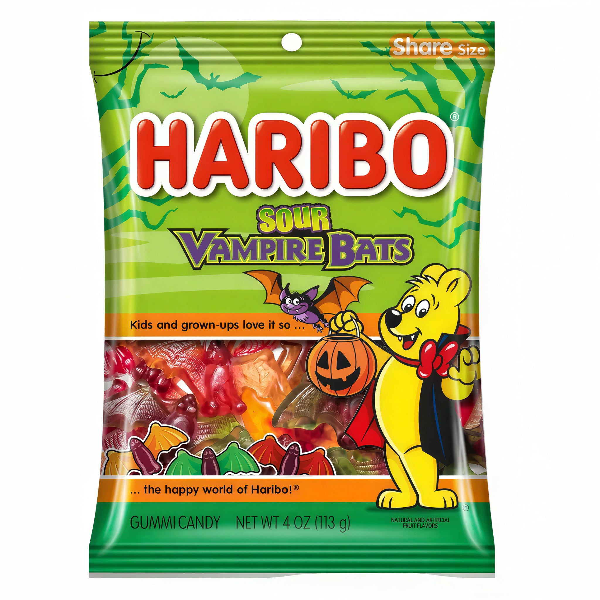 A 4 oz bag of Haribo Sour Vampire Bats gummy candy, featuring the iconic green and yellow packaging with the Haribo bear and a pumpkin jack-o'-lantern.