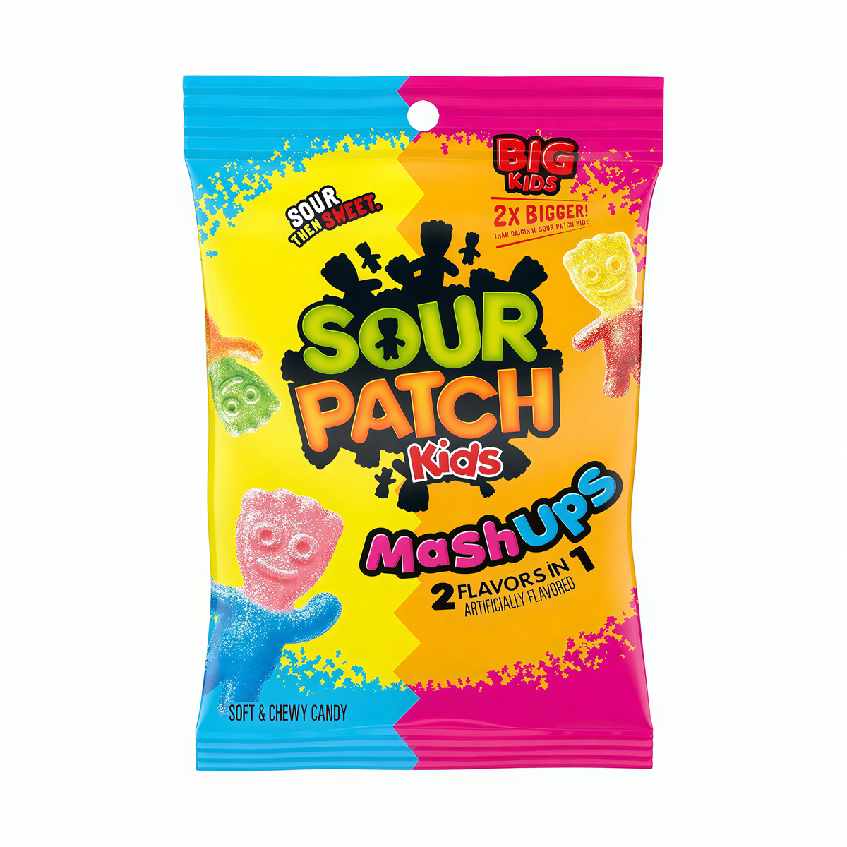 Front of Sour Patch Kids Mash Ups bag showing logo, two flavours in one, and vibrant multicoloured candy pieces (226g pack)