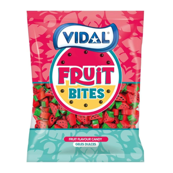 Front of Vidal Fruit Bites Strawberry bag showing the logo, vibrant pink packaging, and colourful fruit-shaped candies (1500g)