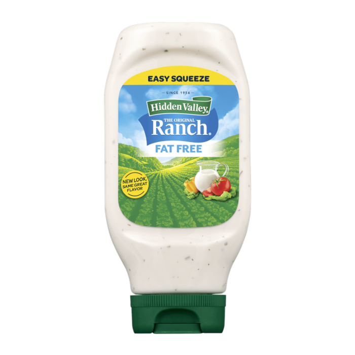 Fat-free Hidden Valley Ranch dressing bottle on a white background
