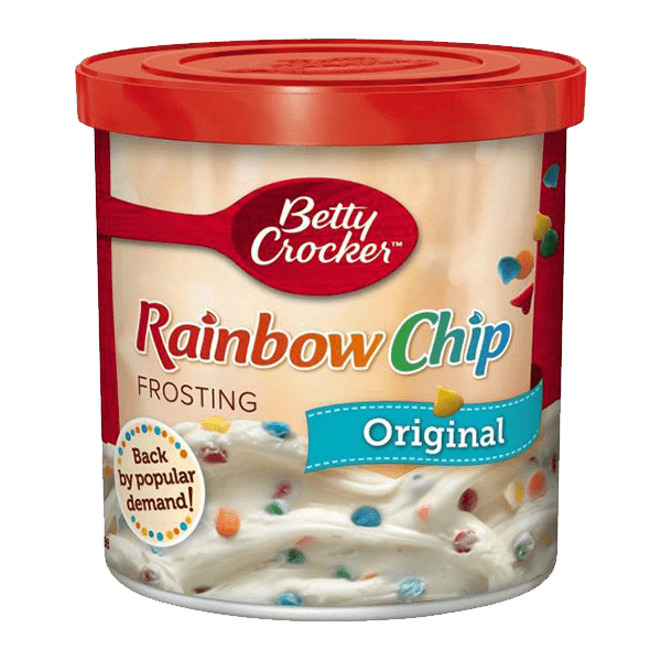   
Front label of Betty Crocker Frosting with Rainbow Chip, volume not visible  

