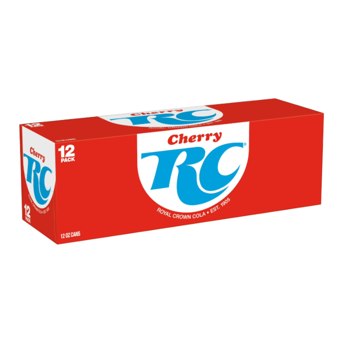 Front of RC Cherry Cola pack showing logo, cherry flavour text, and details about 12 pack of 355ml cans