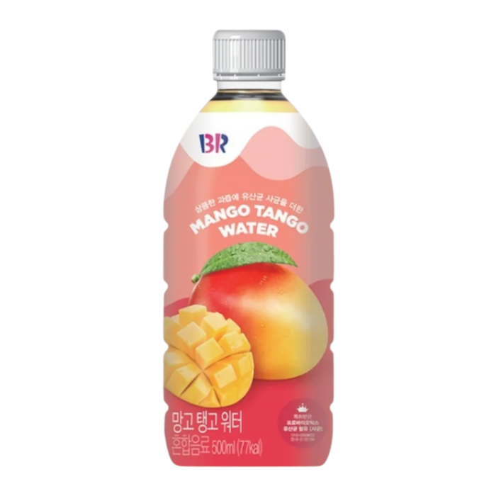 Front of Baskin Robbins Mango Tango Water bottle showing logo, mango fruit, and pack size (500ml)