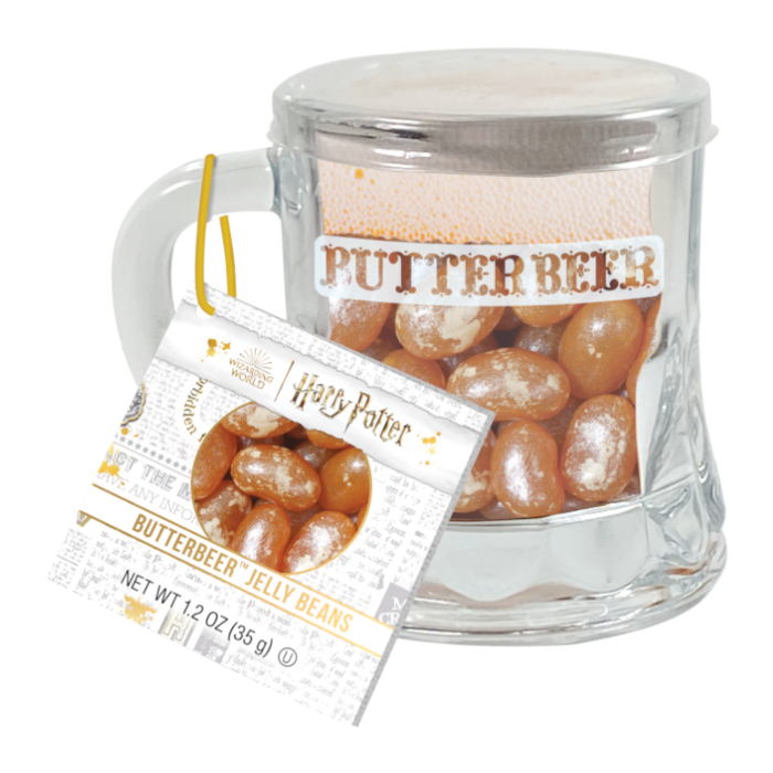 Front of Harry Potter Butterbeer Mini Glass Mug featuring Butterbeer label and jelly beans inside (35g pack)