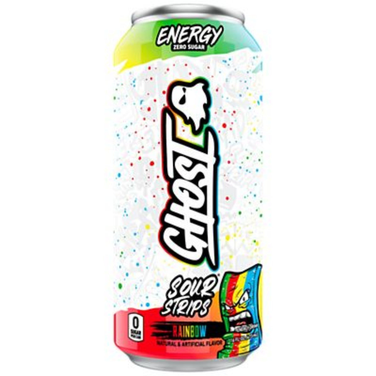 Front of Ghost Sour Strips Rainbow Energy Drink can featuring bold logo, rainbow flavour label, and vibrant colours (473ml)