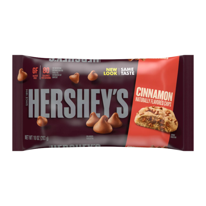 Front of Hershey's Cinnamon Baking Chips bag showing logo and cinnamon chips image (283g pack)