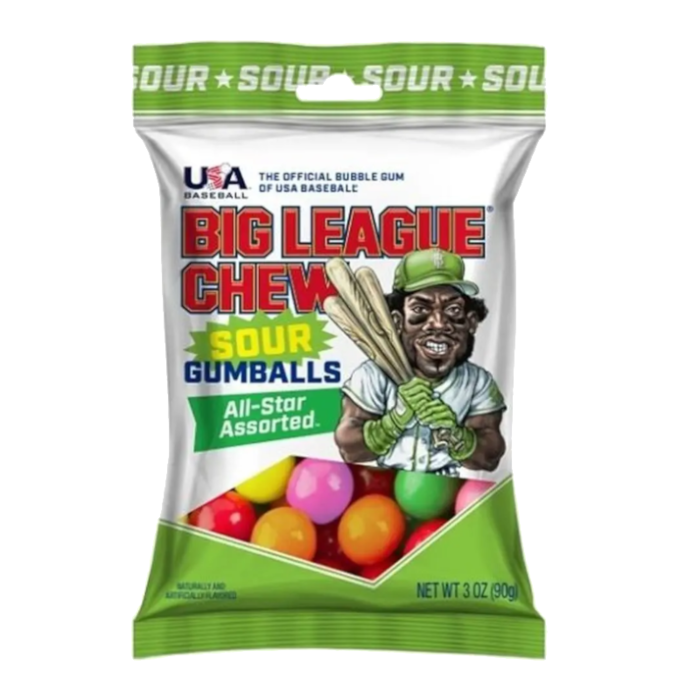 Front of Big League Chew Sour Gumballs bag showing the logo, vibrant gumball colours, and pack size (90g)