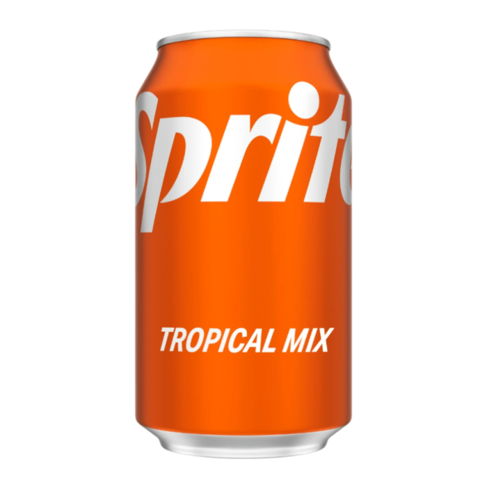 Front of a Sprite Tropical Mix can with vibrant orange colour, logo, and tropical mix label (355ml pack)