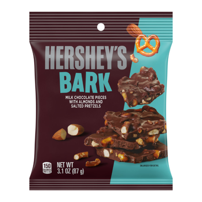 Hershey's Bark Milk Chocolate Pieces with Almonds and Salted Pretzels (87g) product packaging