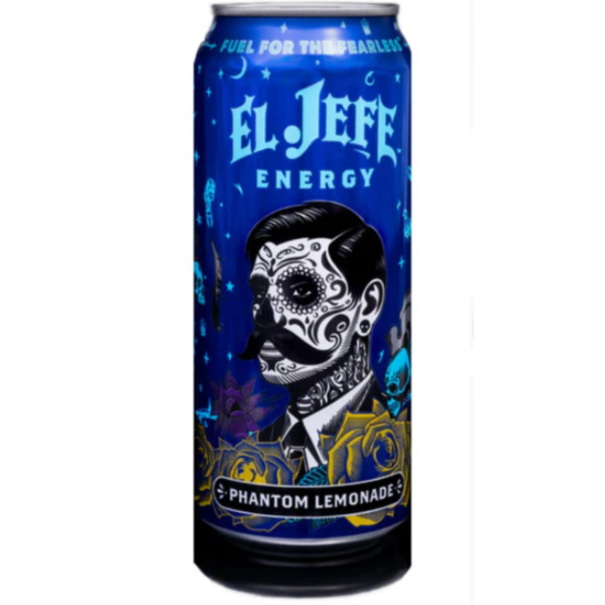 Front of El Jefe Energy Drink Phantom Lemonade can showing vibrant blue design, logo, and prominent lemonade flavour label (473ml)