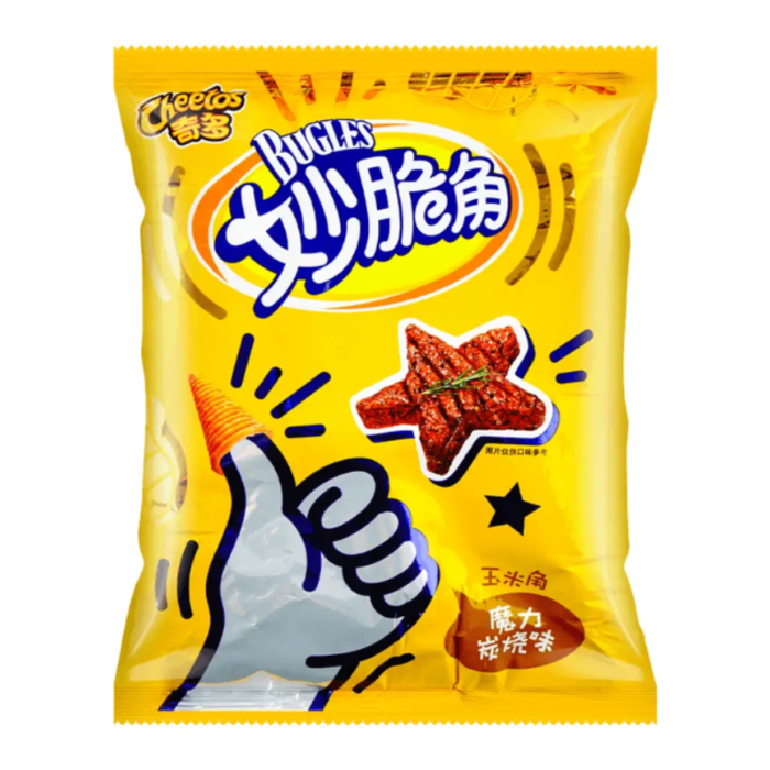 Front of Cheetos Bugles Charcoal Barbecue bag showing vibrant yellow packaging with logo and images of barbecue-flavoured snacks (65g pack)