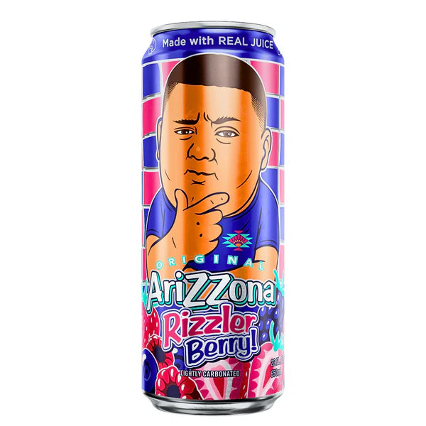 Front of Arizona Rizzler Berry can featuring vibrant design, berry illustrations, and the character logo (650ml pack)