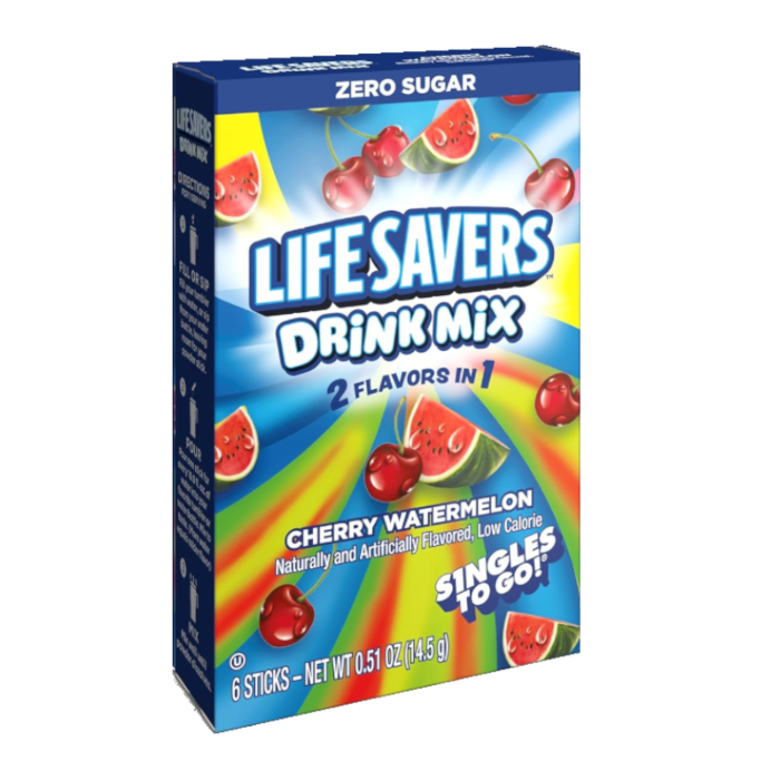 Front of Lifesavers Cherry Watermelon Singles To Go box showing bright colours, logo, and drink mix details (6 sticks - 14.5g)