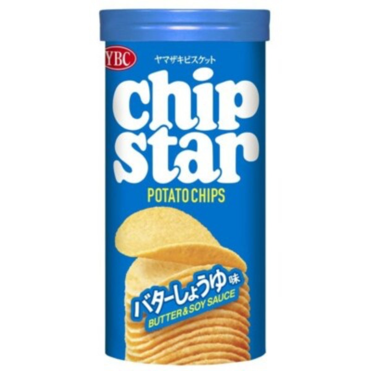 Front of a blue canister of YBC Chip Star Potato Chips Butter & Soy Sauce (45g) with the logo and images of crispy chips.