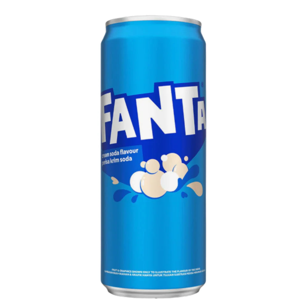 Front of Fanta Cream Soda can featuring the brand logo in bold blue, cream soda flavour text, and a 320ml size indication