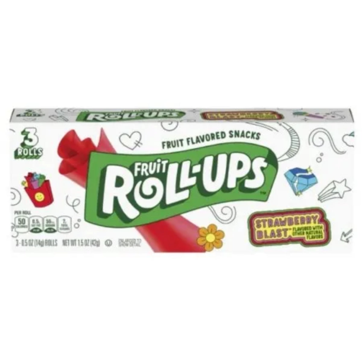 Front of Fruit Roll Ups Theater Box showing the logo, fruity flavour, and pack size (42g)