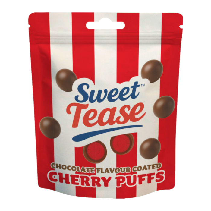 Front of Sweet Tease Cherry Puffs bag showing vibrant logo and design, featuring chocolate flavour coated cherry puffs (80g pack)