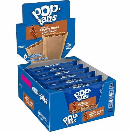 Front of Pop Tarts Frosted Brown Sugar Cinnamon 12 Pack showing logo, frosted pastries, and packaging details (576g).
