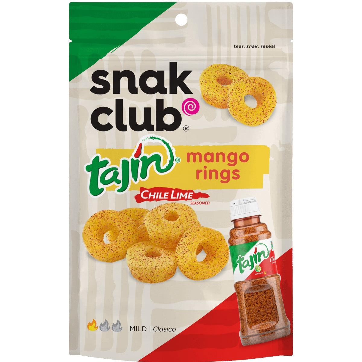 Front of Snak Club Tajin Mango Rings bag featuring the brand logo, mango rings, and chile lime seasoning details (64g pack)