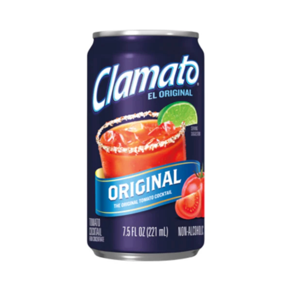 Front of Clamato Tomato Juice can displaying the Clamato logo, original tomato cocktail label, and graphics of fresh tomatoes (221ml)