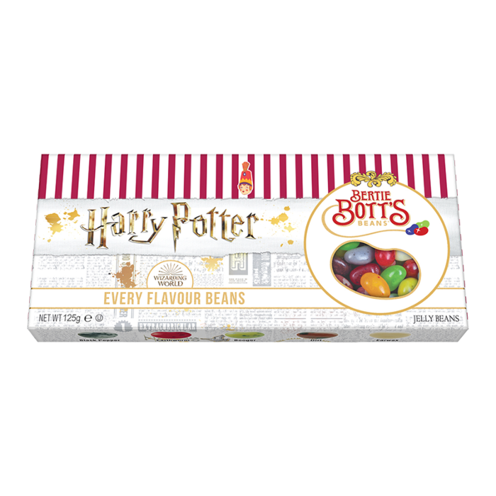 Front of Harry Potter Bertie Bott's Every Flavour Beans Gift Box showing colourful jelly beans in a circular window (125g pack)