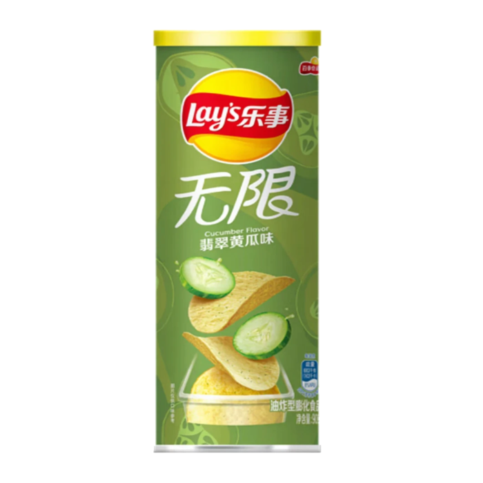 Front of a green cylinder of Lays Stax Cucumber Flavour crisps (90g) with cucumber images and logo.