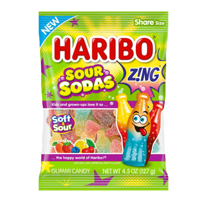 Front of Haribo Zing Sour Sodas bag showing bright colours, logo, and gummy candy shapes (128g pack)