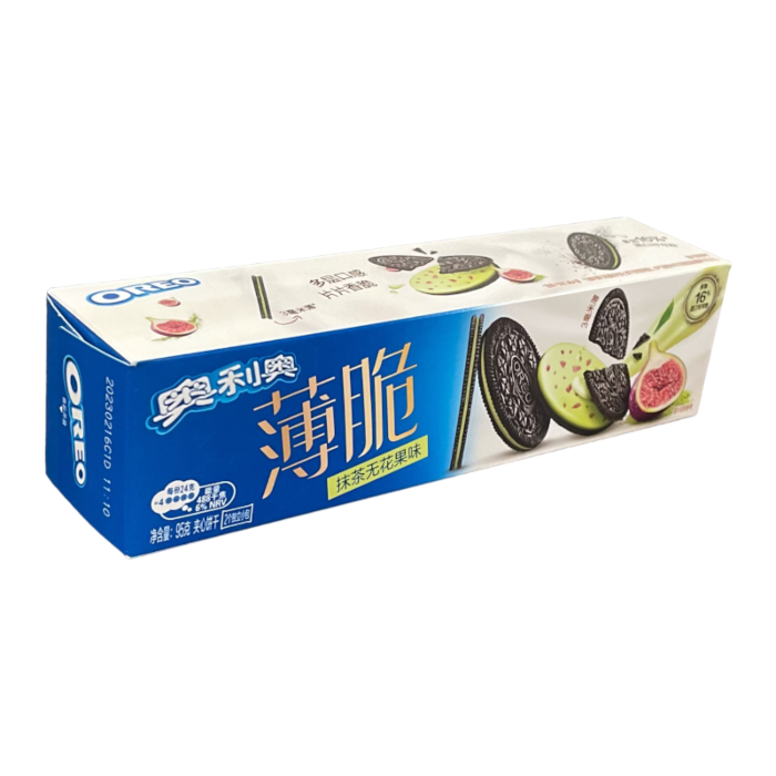 Front of Oreo Thins Crisp Matcha Fig pack showing Oreo logo, matcha and fig flavour images, and 95g size.