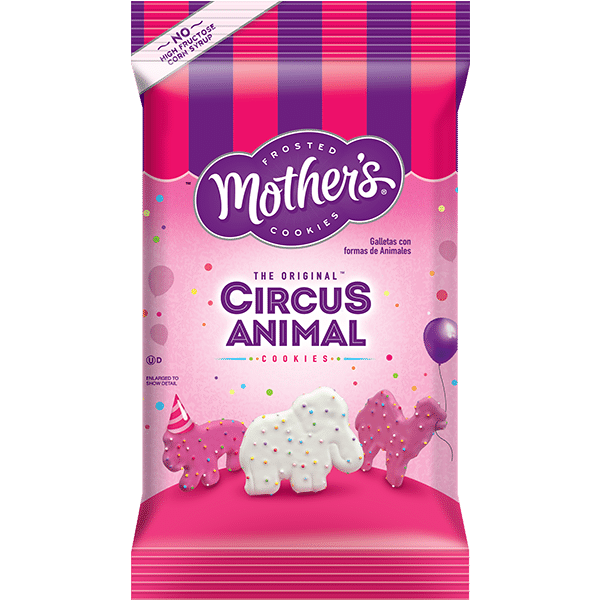 Front of Mother's Circus Animal Cookies bag showing colourful frosted cookies in animal shapes and vibrant pink packaging (26g)