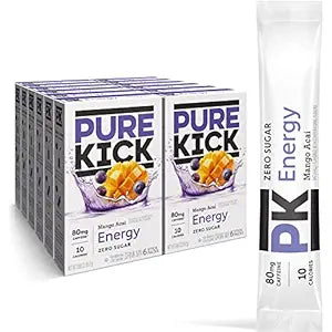 Front of Pure Kick Energy Mango Acai Singles to Go box showing brand logo, mango and acai flavours, and details of the 12 pack (216g)
