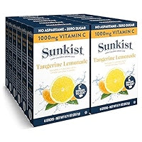 Front of Sunkist Singles To Go Tangerine Lemonade box showing bright tangerine graphics, drink mix details, and 12 pack quantity.