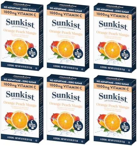 Front of Sunkist Singles To Go Orange Peach Mango box showing the logo, vibrant fruit graphics, and 12 pack details.