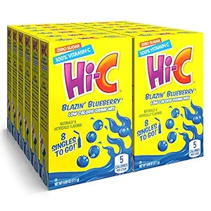 Front of Hi-C Blazin’ Blueberry Singles To Go box showing bold yellow packaging, blueberry flavour graphics, and 12 pack details.