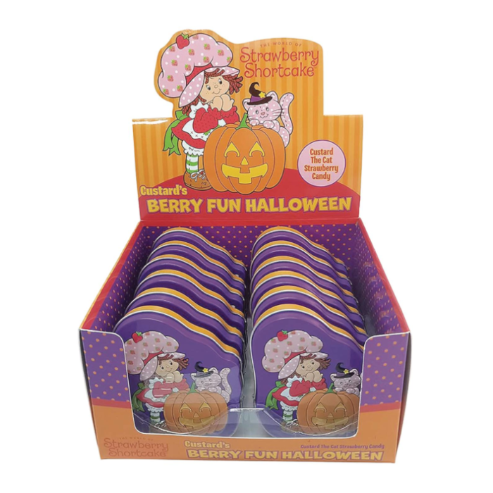 Front of the Strawberry Shortcake Berry Fun Halloween Tin (42g) featuring vibrant Halloween-themed graphics and Custard the Cat character.