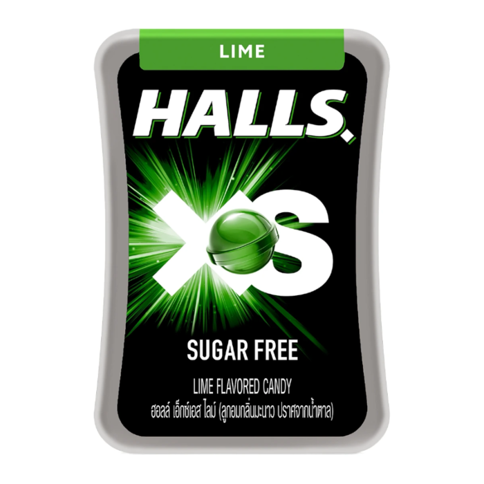 Front of HALLS XS Fresh Lime Hard Candy pack showing bold logo, sugar-free label, and lime hard candy imagery (21 pack)