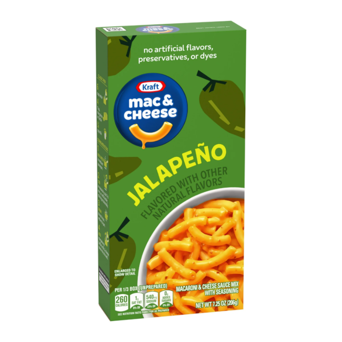 Front of Kraft Mac & Cheese Jalapeno box featuring a bold logo, jalapeno flavour label, and image of creamy pasta (206g pack)