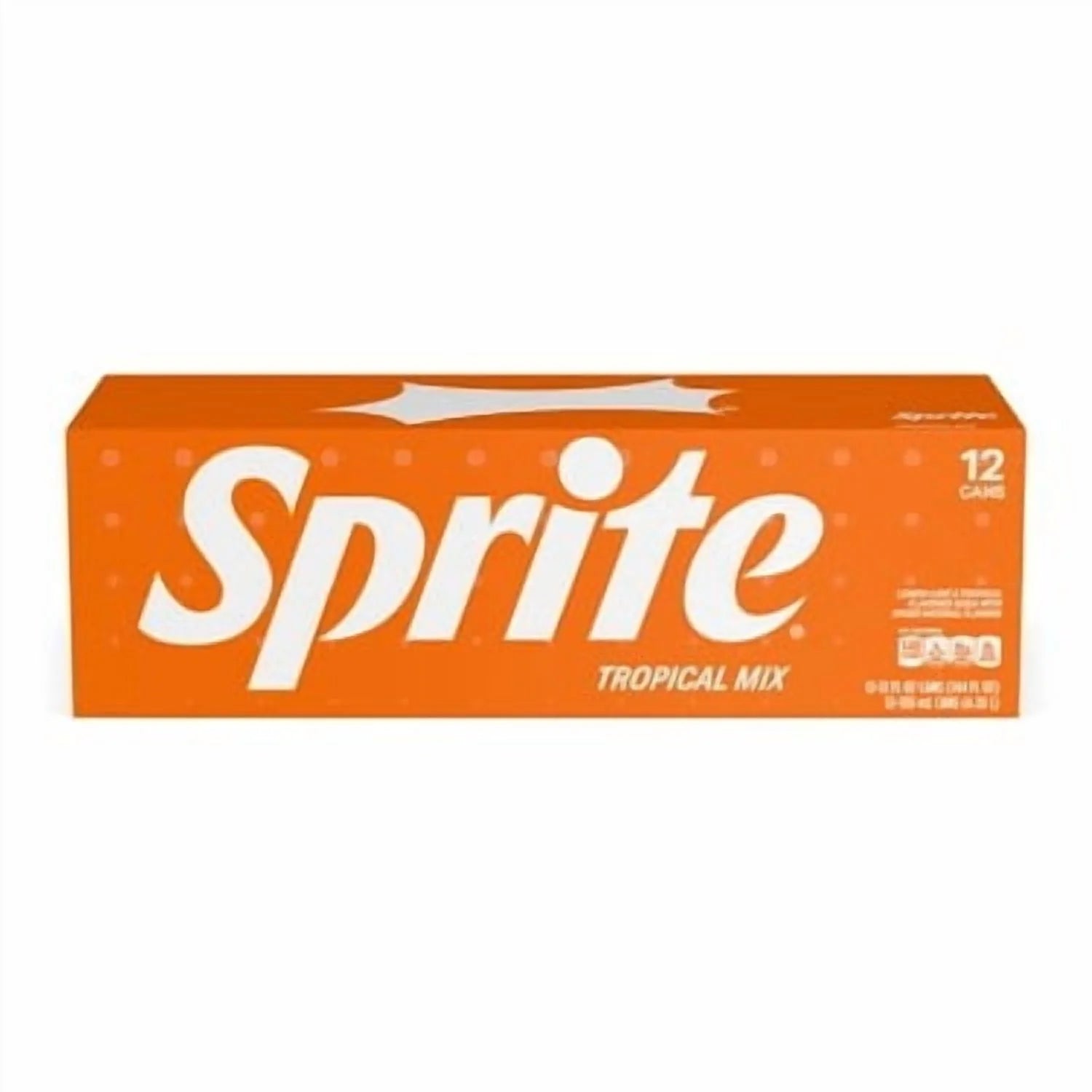 Front of Sprite Tropical Mix case showing bright orange packaging with logo and details for 12 x 355ml cans
