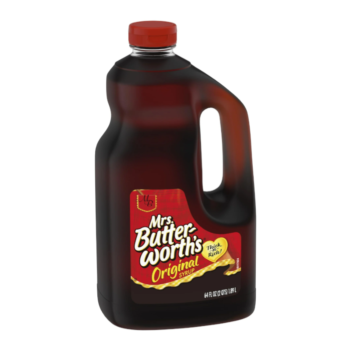 Front of Mrs Butterworth's Original Pancake Syrup HUGE Bottle showing thick and rich syrup label in red and yellow with volume details (64 fl oz)