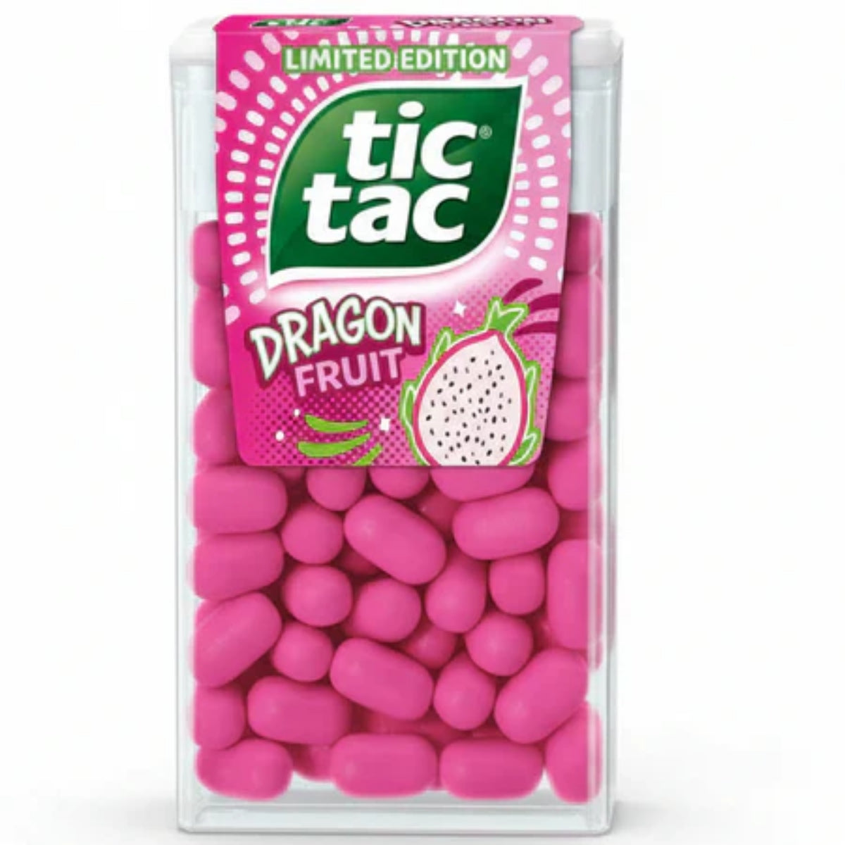 Front of Tic Tac Dragon Fruit container showing the logo, vibrant pink mints, and dragon fruit illustration (49g pack)