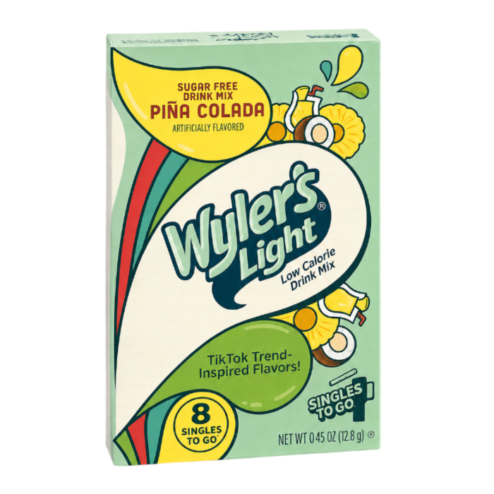 Front of Wyler's Light Singles To Go box showing tropical Pina Colada flavour with vibrant graphics (12.8g pack)