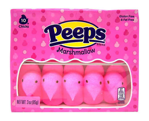 Front of Peeps Pink Marshmallow Chicks pack showing logo, pink marshmallow chicks, and details (85g)