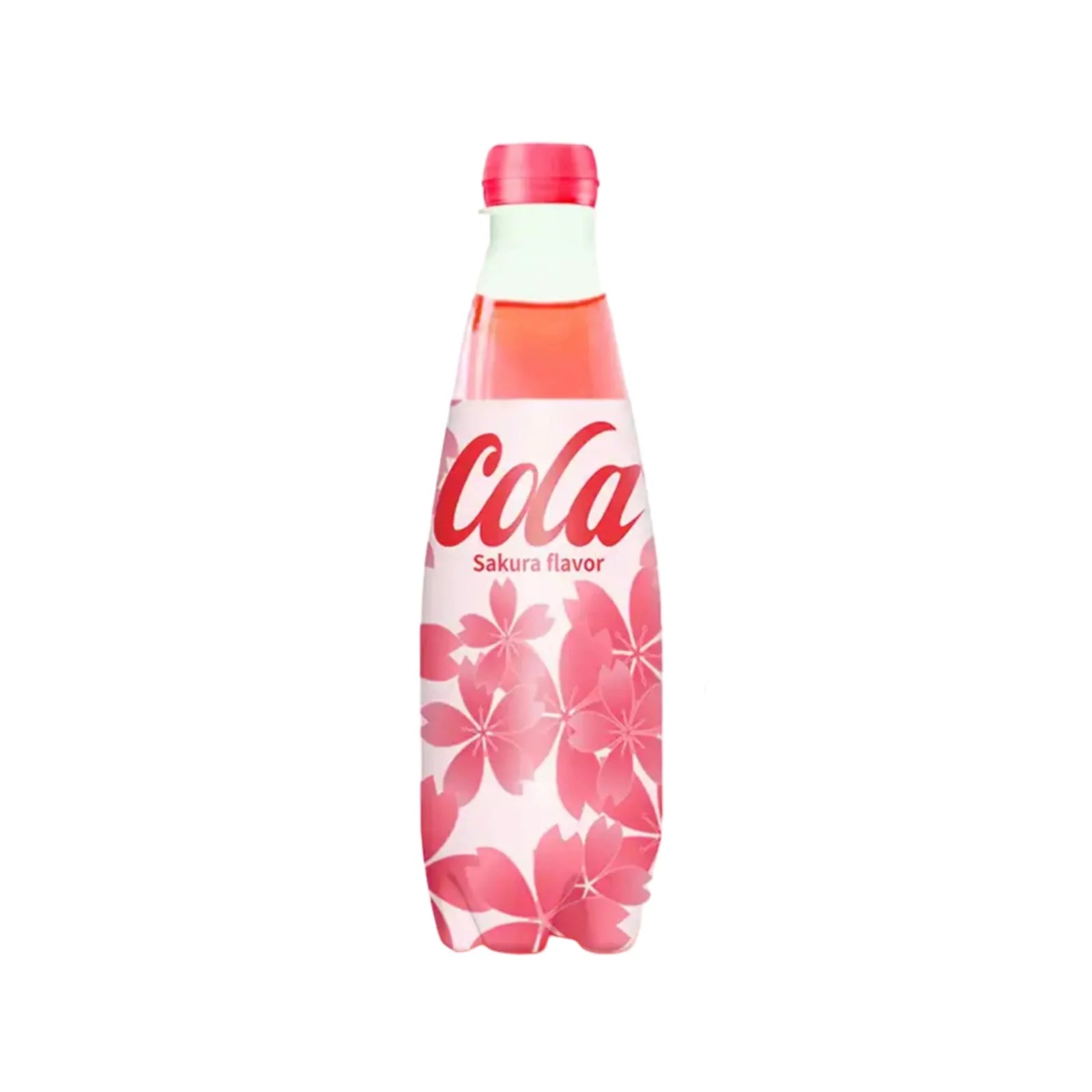 Front of Cola Sakura Flavour bottle showcasing the logo, cherry blossom design, and pink colour (400ml)