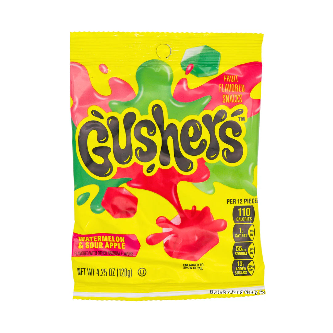 Front of a yellow bag of Fruit Gushers Watermelon Sour Apple showing the logo, colourful splashes, and the 120g pack size