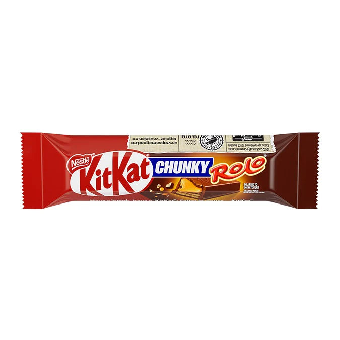 Front of KitKat Chunky Rolo wrapper showing the logo, caramel-filled chocolate bar design, and pack size (42g)