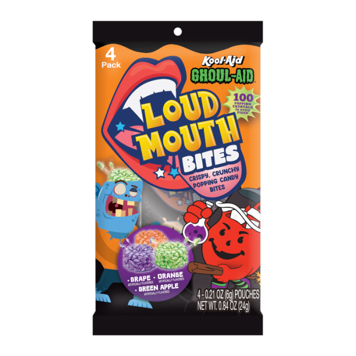 Front of Kool-Aid Ghoul-Aid Loud Mouth Bites pack featuring vibrant graphics, logo, and colourful candy bites in grape, orange, and green apple flavours (4 pack, 24g)