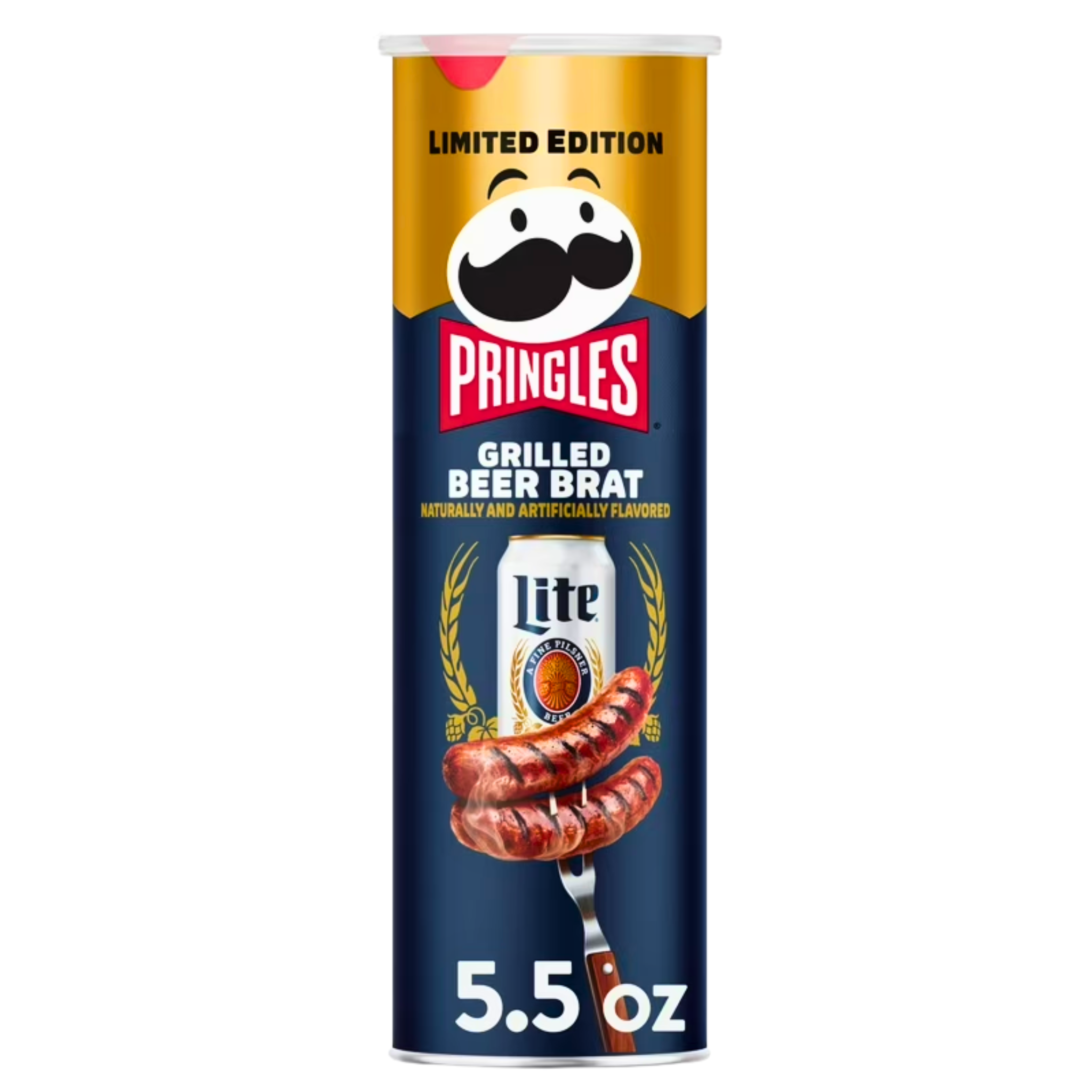 Front of a tube of Pringles Grilled Beer Brat showing logo, flavour details, and pack size of 158g