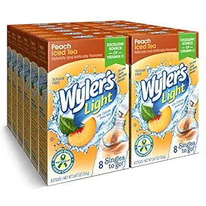 Front of Wyler's Peach Iced Tea Singles To Go box showing the logo, peach flavour, and 12 pack of singles.