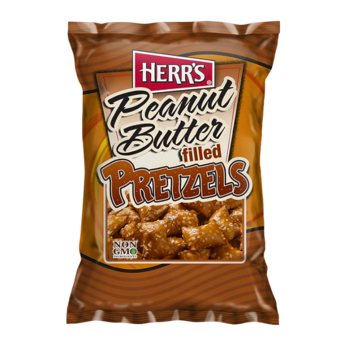 Front of Herr's Peanut Butter filled Pretzel Nuggets bag featuring logo, product name, and image of pretzel nuggets (113.4g pack)