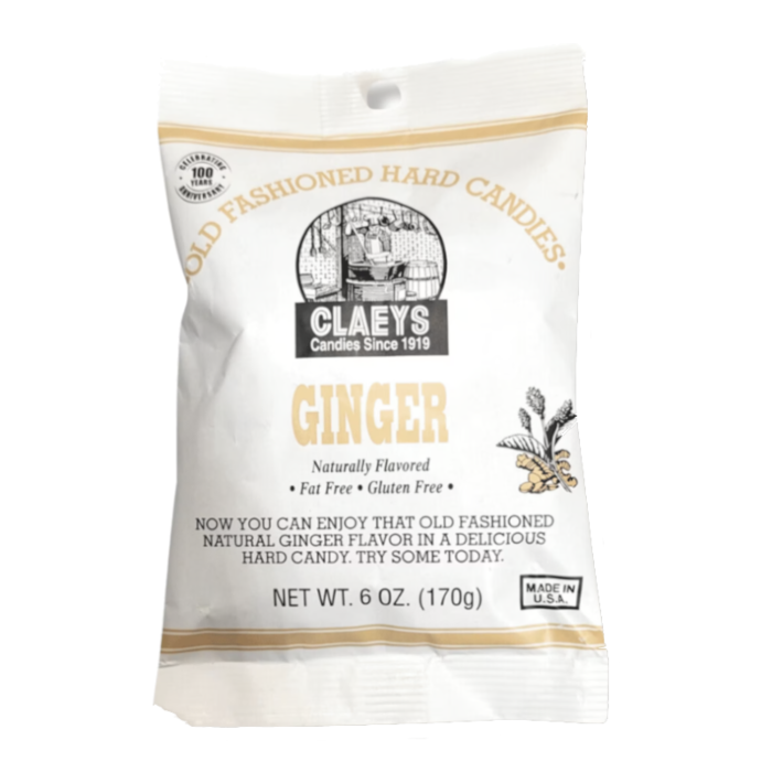 Front of Claeys Old Fashioned Candy Ginger bag showing logo, naturally flavoured ginger label, and 170g pack size