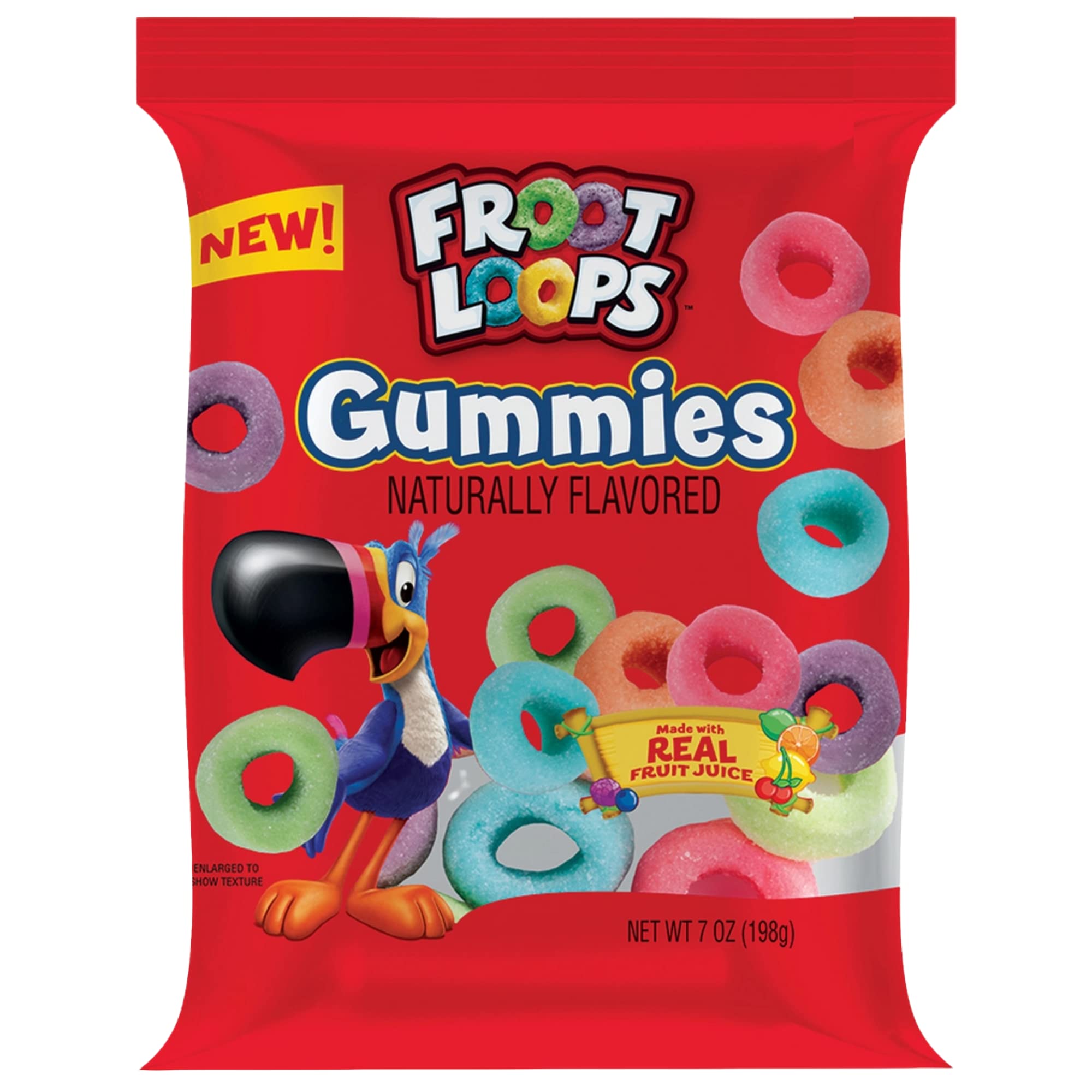   
Front label of Froot Loops Gummies with naturally flavored, 198g  

